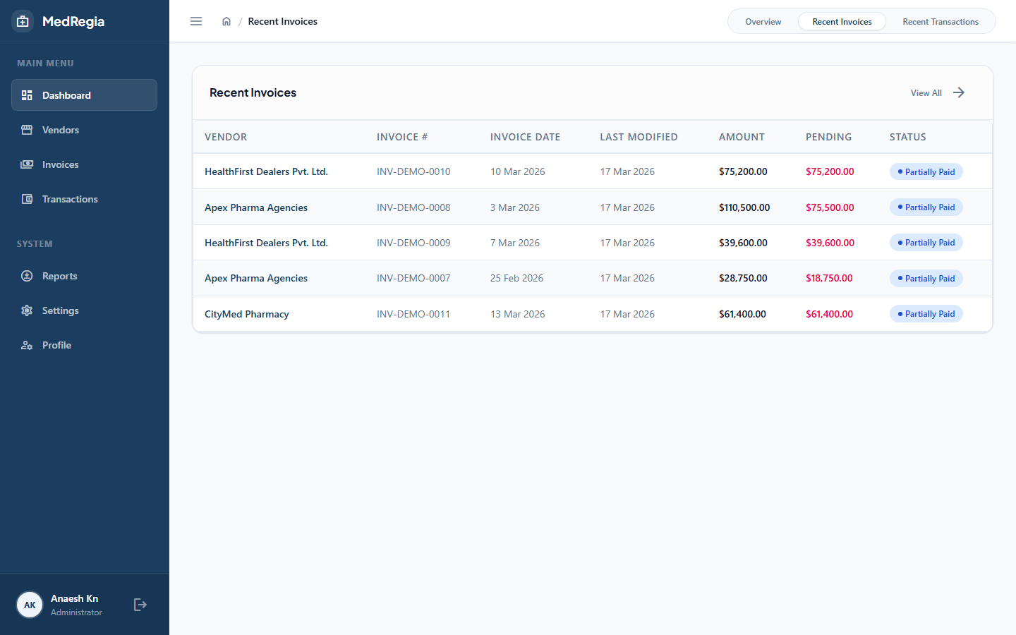 Dashboard recent invoices tab