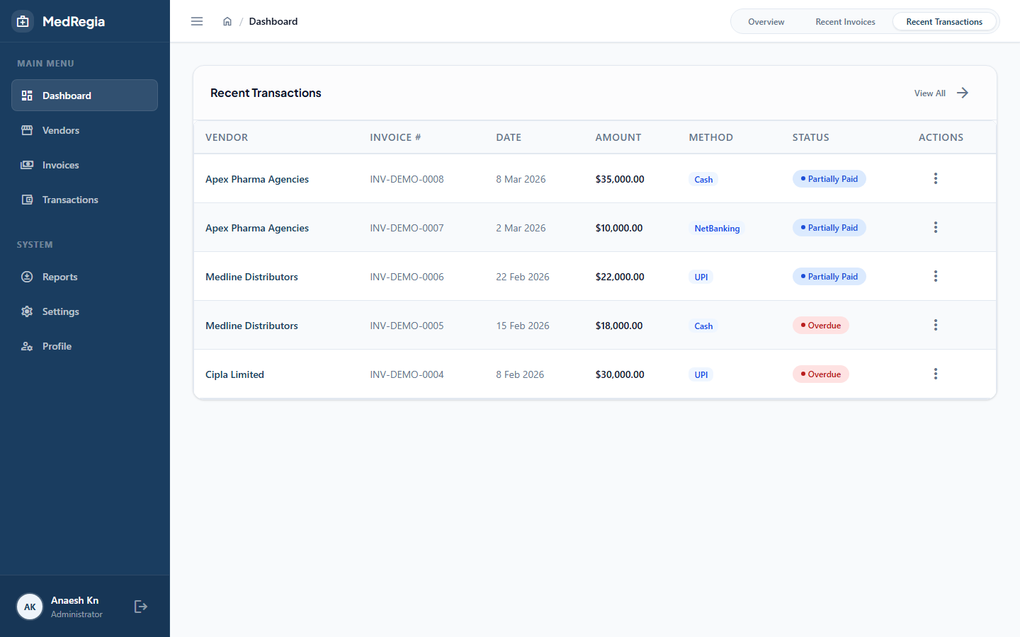 Dashboard recent transactions tab
