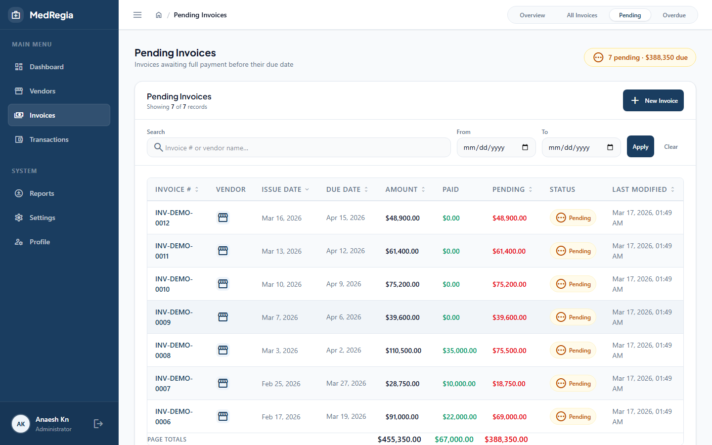 Pending invoices view