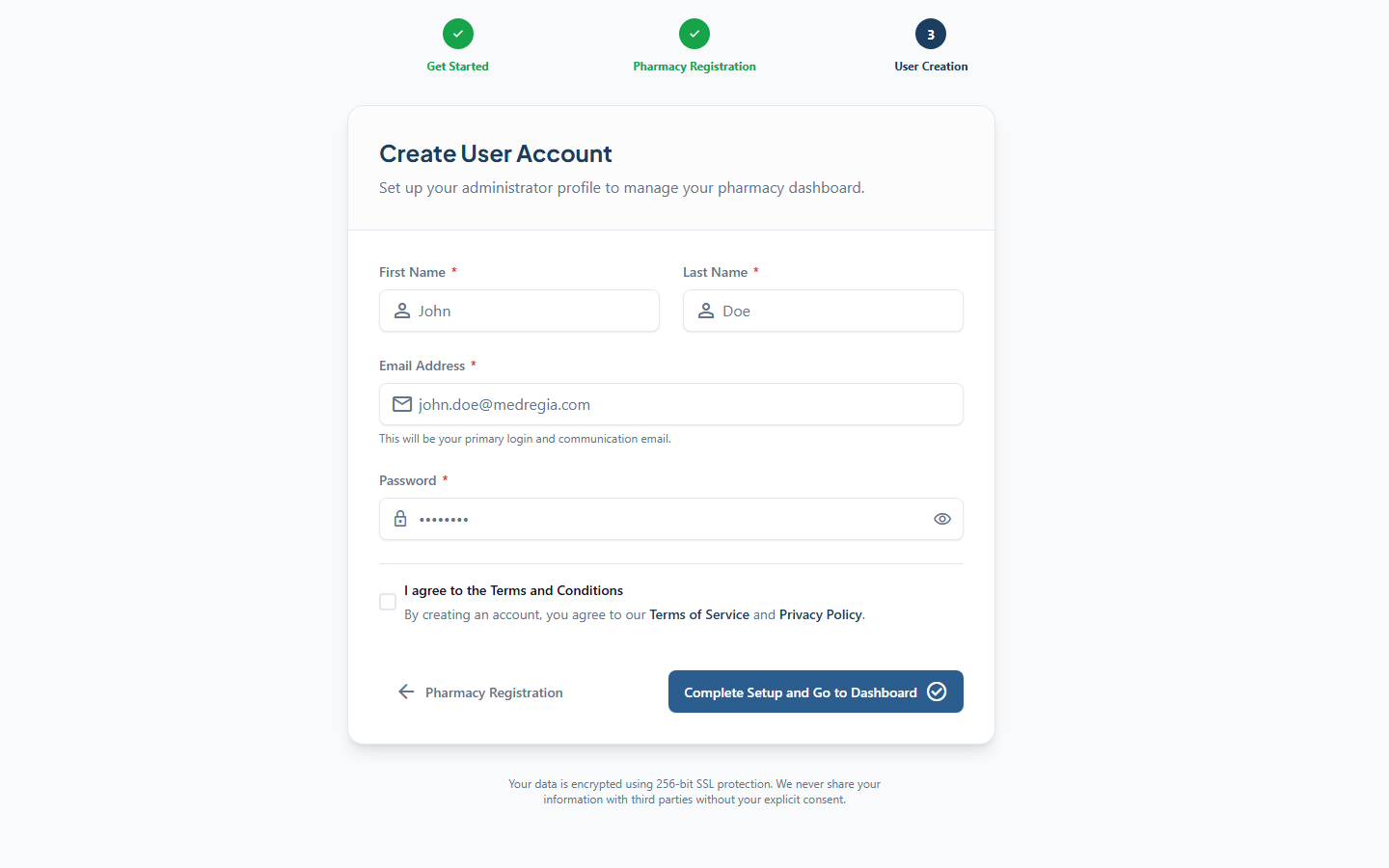 Admin account creation form