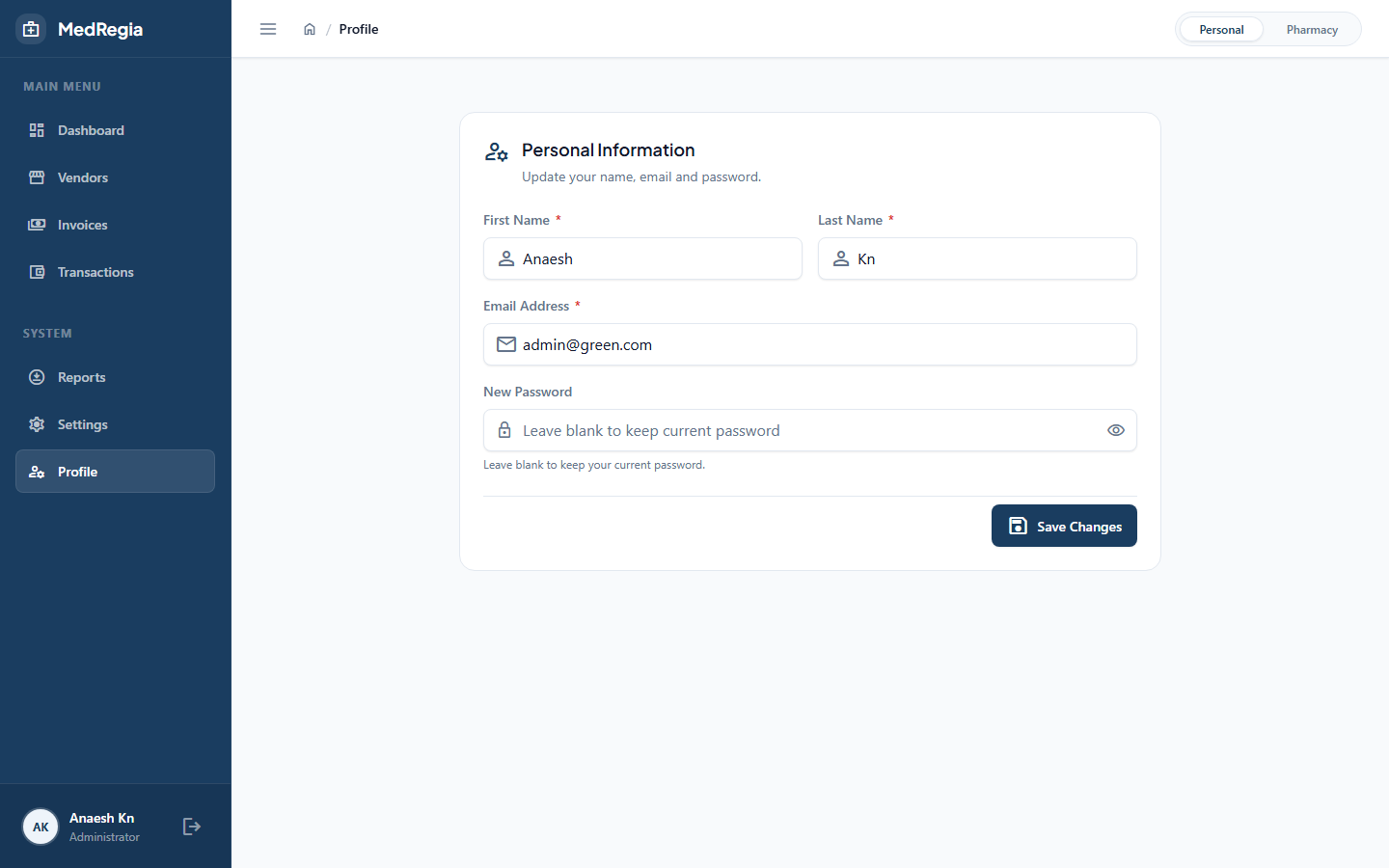 Personal profile page