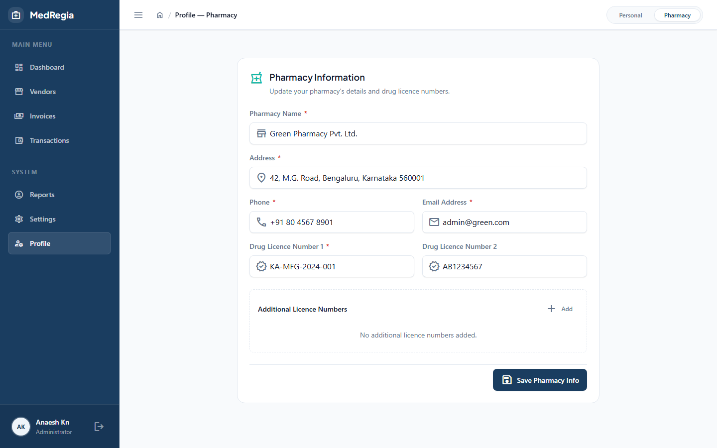 Pharmacy profile page