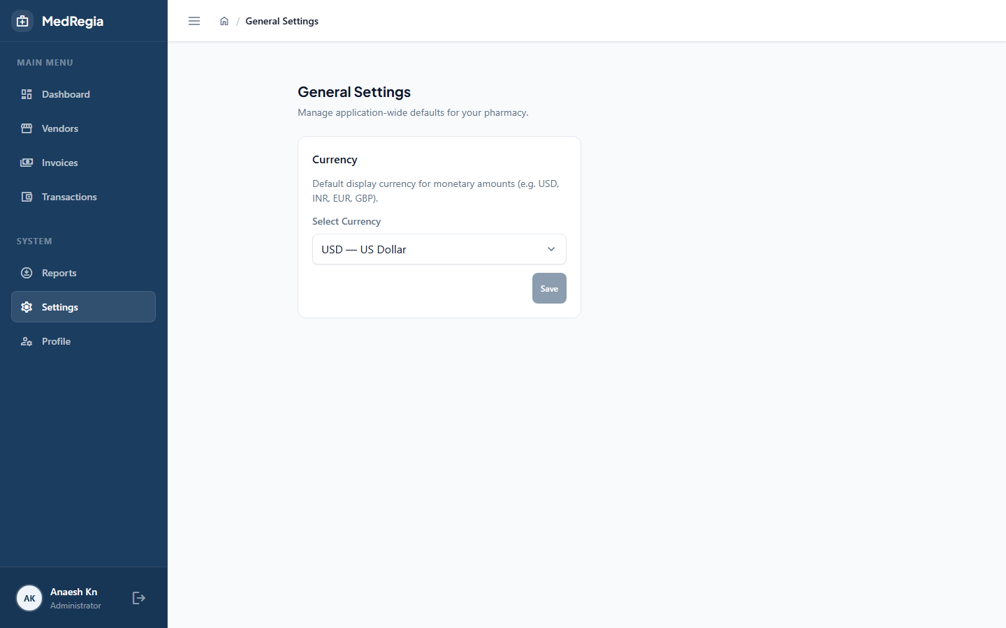 Settings page
