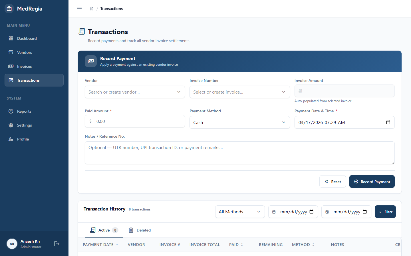 Transactions list