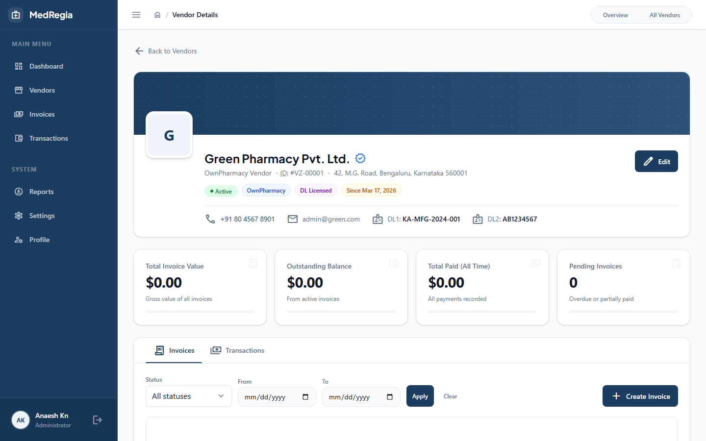 Vendor detail page
